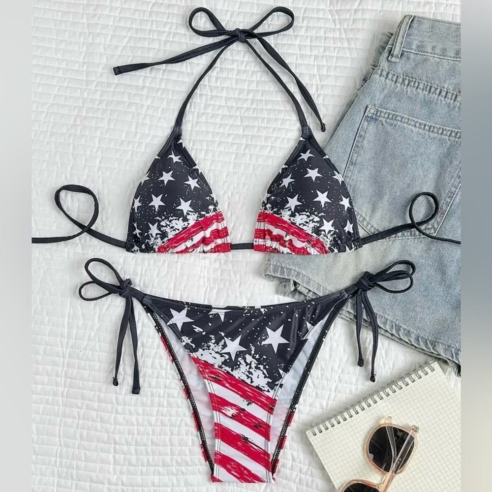 American Flag Stars Stripes Halter Tie Sides Bikini Set
